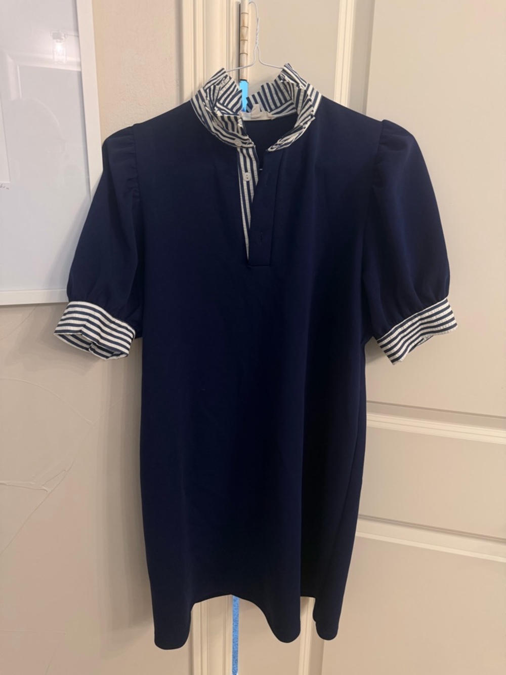 entro Navy Midi Dress with Striped Collar and Cuff Detail